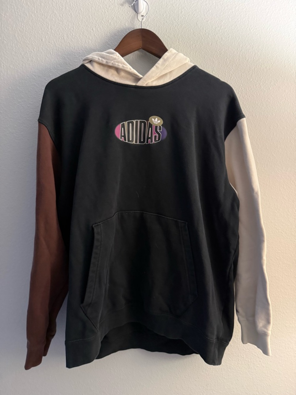adidas Black Hoodie with Brown and Cream Sleeves